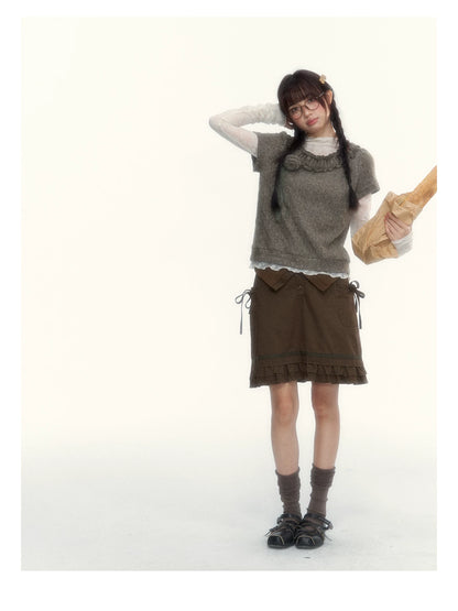 “Wild Caramel” Brown Washed Layered Ruffle Bow Pocket A-Line Skirt