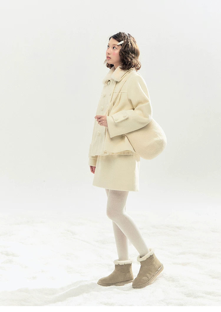 "Berlin Snowfall" Double-Breasted Quilted Wool-Blend Peacoat (Ivory/ Chocolate Brown)