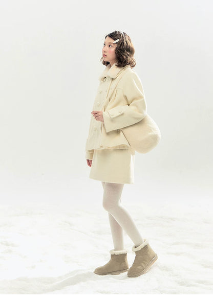 "Berlin Snowfall" Double-Breasted Quilted Wool-Blend Peacoat (Ivory/ Chocolate Brown)