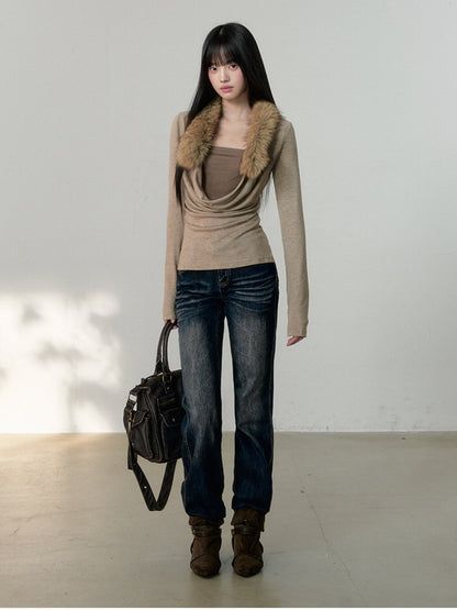 Soote Season - Oatmeal Faux Two-Piece Draped Fur-Collar Knit Base Top