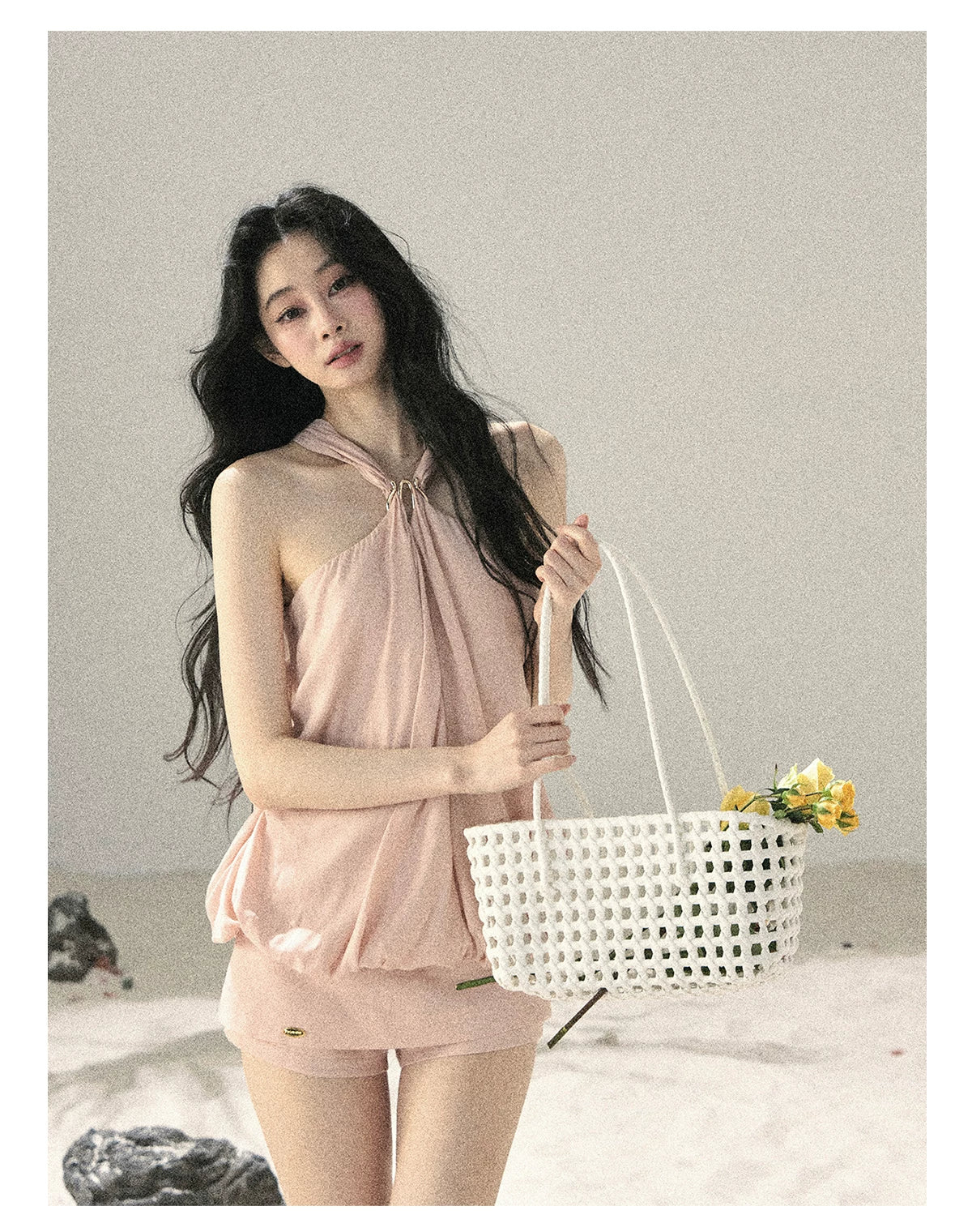 "Soft Luminous Glow" Misty Pink Halter Top & High-Waisted Skort Two-Piece Set