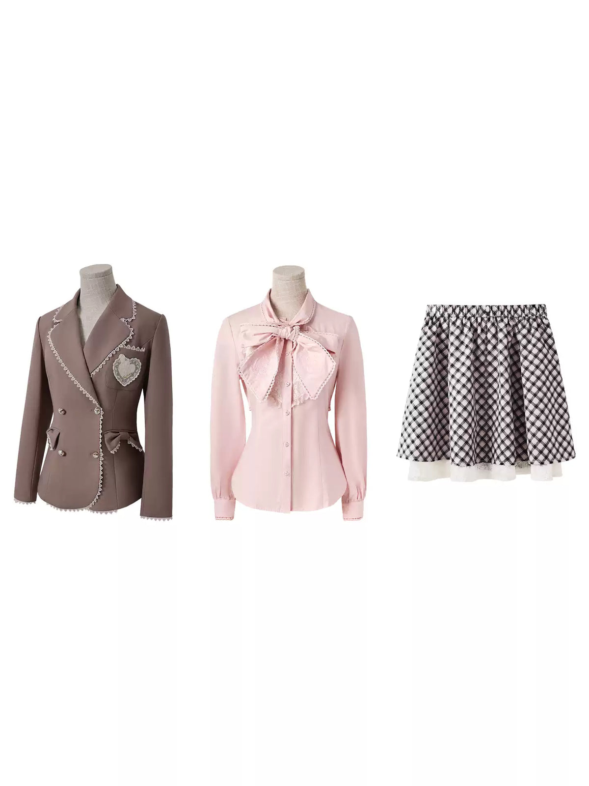 “Melody Academia” Pink Blazer + Blush Pink Shirt + Black & White Plaid Skirt Set