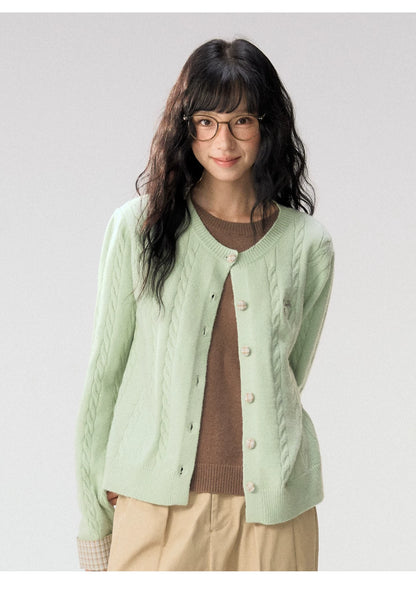 [CAN] "Autumn Letter" Bow Embroidered Faux-Layered Cable Knit Cardigan (Pink & White / Sage Green & Brown)