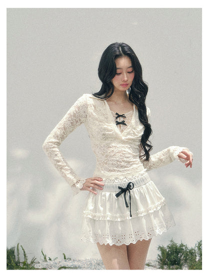 少也眼 “Soft Focus Monologue” Faux-Layer Sheer Lace Tie-Detail Top – Apricot 4563634583