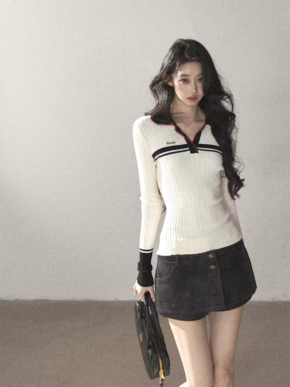 AOMALM - "Soft Moonlight" Cream Almond White American Long-Sleeve Polo Knit Top