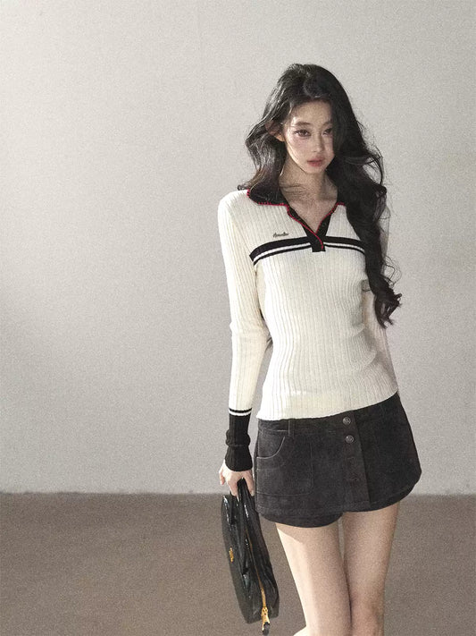 AOMALM - "Soft Moonlight" Cream Almond White American Long-Sleeve Polo Knit Top