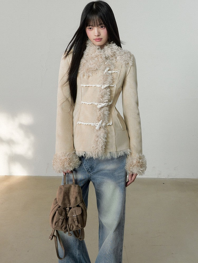 Soote Season - Cream Latte Faux Suede Toggle Belted Shearling Jacket