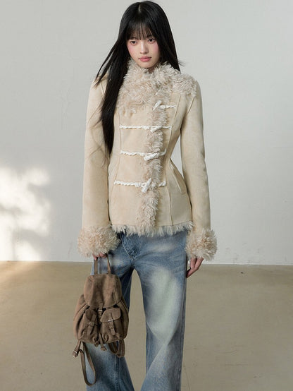 Soote Season - Cream Latte Faux Suede Toggle Belted Shearling Jacket