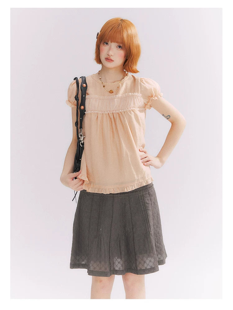 “Orange Soda” Seashell Orange Mesh Panel Puff Sleeve Top