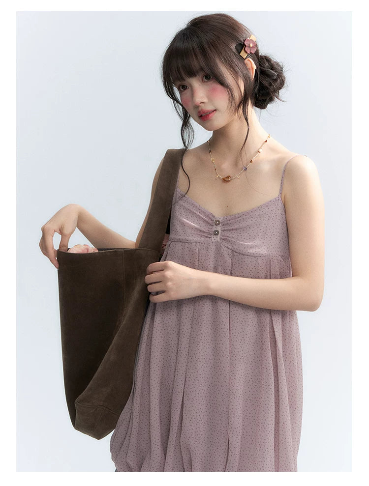 "Misty Lavender Reverie" Vintage Floral Lace Trim Midi Slip Dress