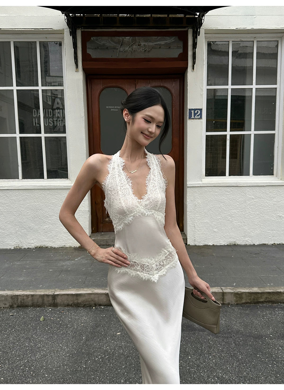 VENUIE - Champagne Satin Lace-Trim Halter Mermaid Maxi Dress