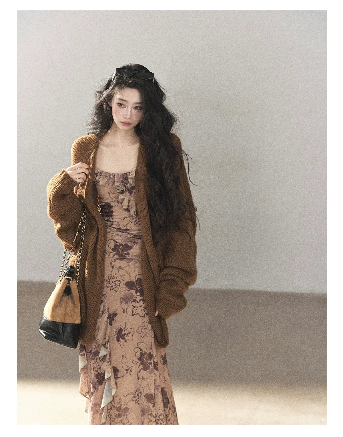 AOMALM - "Wildflower Date" Milk Tea Brown Ruffle Floral Maxi Dress (With Matching Hair Tie)