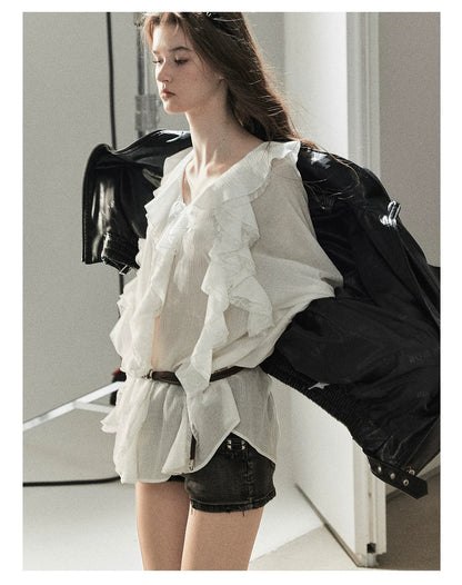 AOMALM - "A Featherlight Touch" French Camellia White Lace Chiffon Top with Belt (Camellia / Oatmeal / Cinnamon Pink)