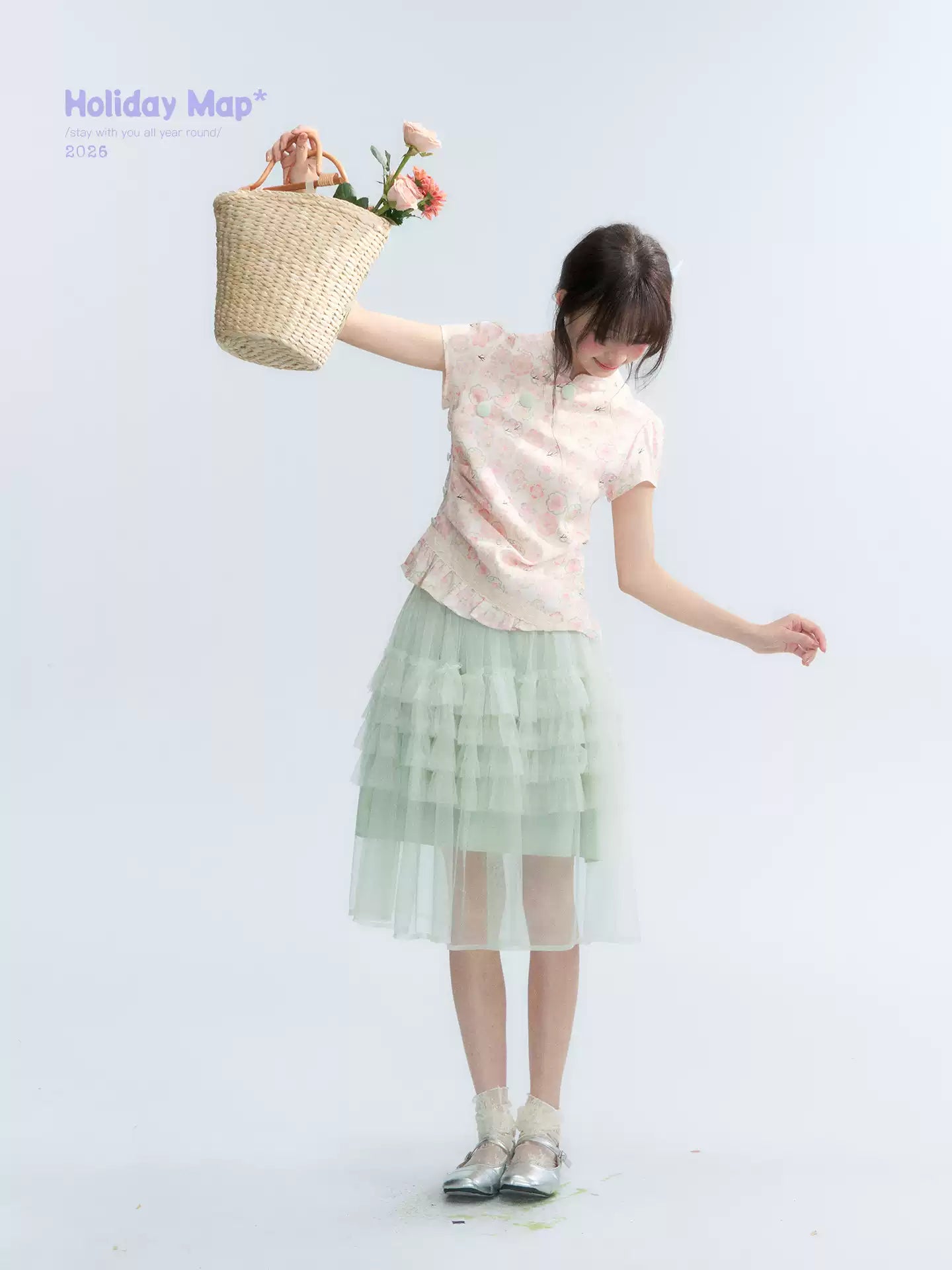 "Lime Mille-Feuille Glow" Peach Mist Chinese-Inspired Short Sleeve Top & Lime Green Tulle Tiered Skirt Set