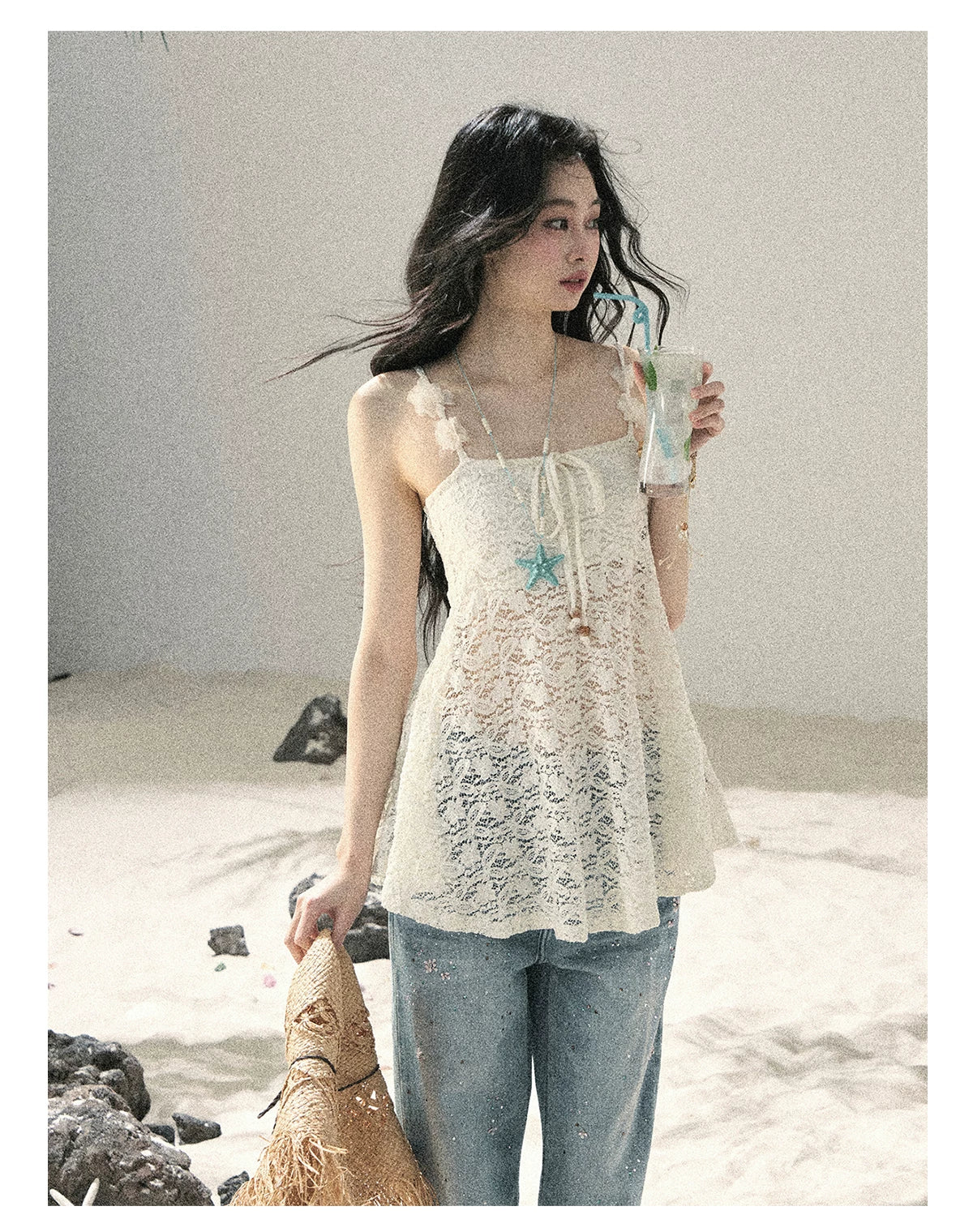 "Morning Mist" Frost White Lace Sheer Cami Top 65123