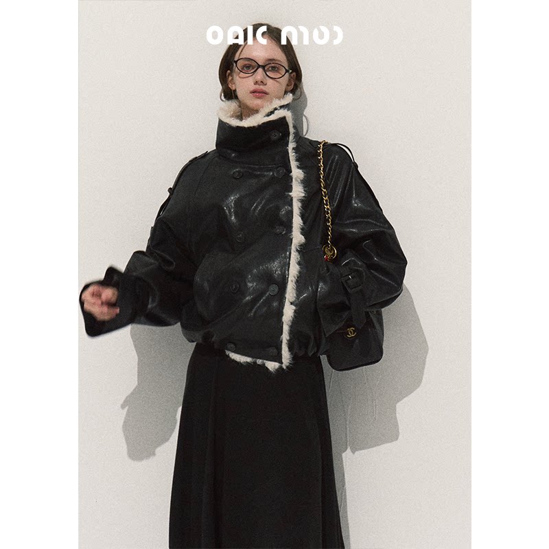 OAKMOO/ Cropped Faux Leather Shearling-Collar Jacket (Rich Black / Hazelnut Khaki)