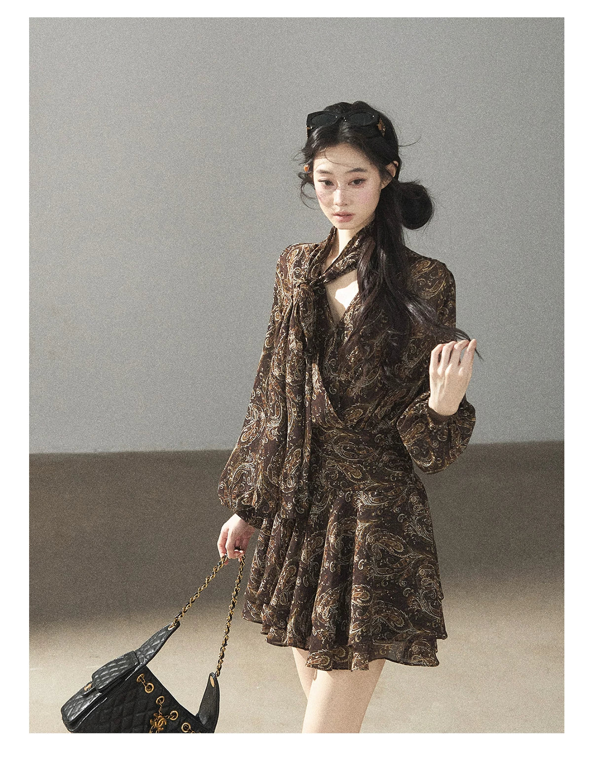 "Wait for a Tree of Blossoms" Cocoa Brown French Long-Sleeve Chiffon Dress (+ Camisole)