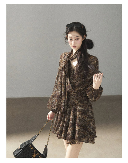 "Wait for a Tree of Blossoms" Cocoa Brown French Long-Sleeve Chiffon Dress (+ Camisole)