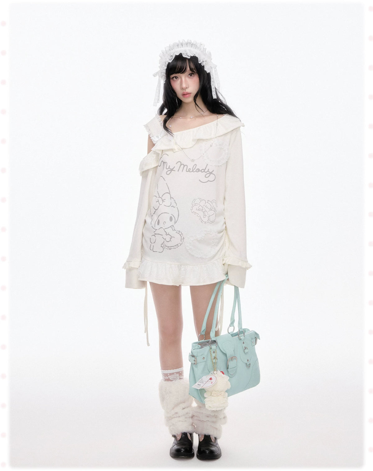 “Sweet Bloom” Ivory My Melody Asymmetric Oversized Top