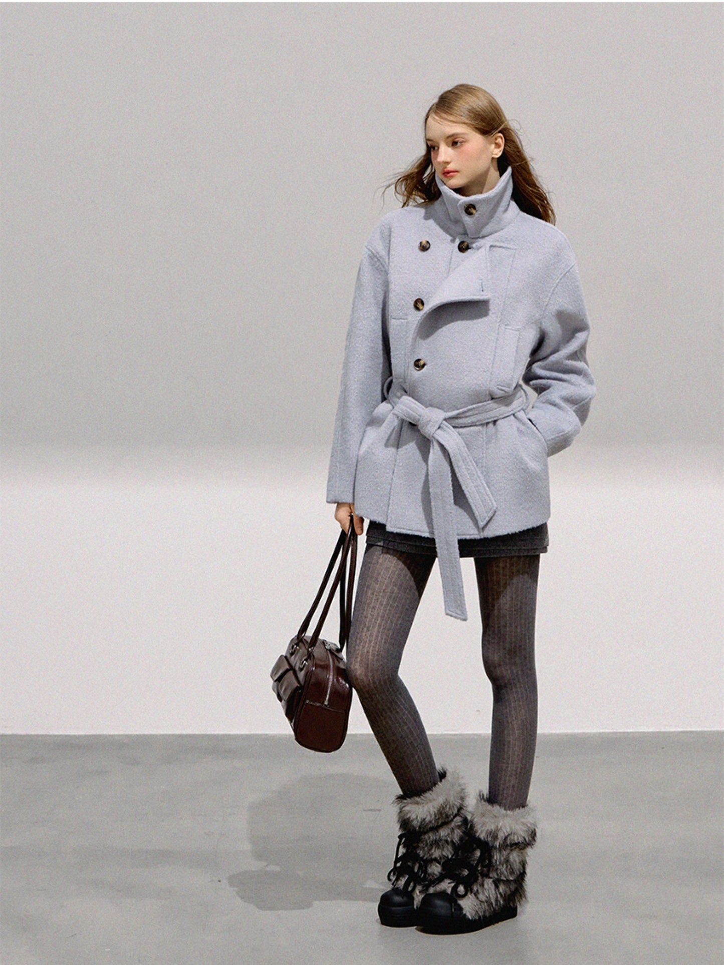 BOHOL BLING - Minimalist Double-Breasted Wool Short Coat with Belt