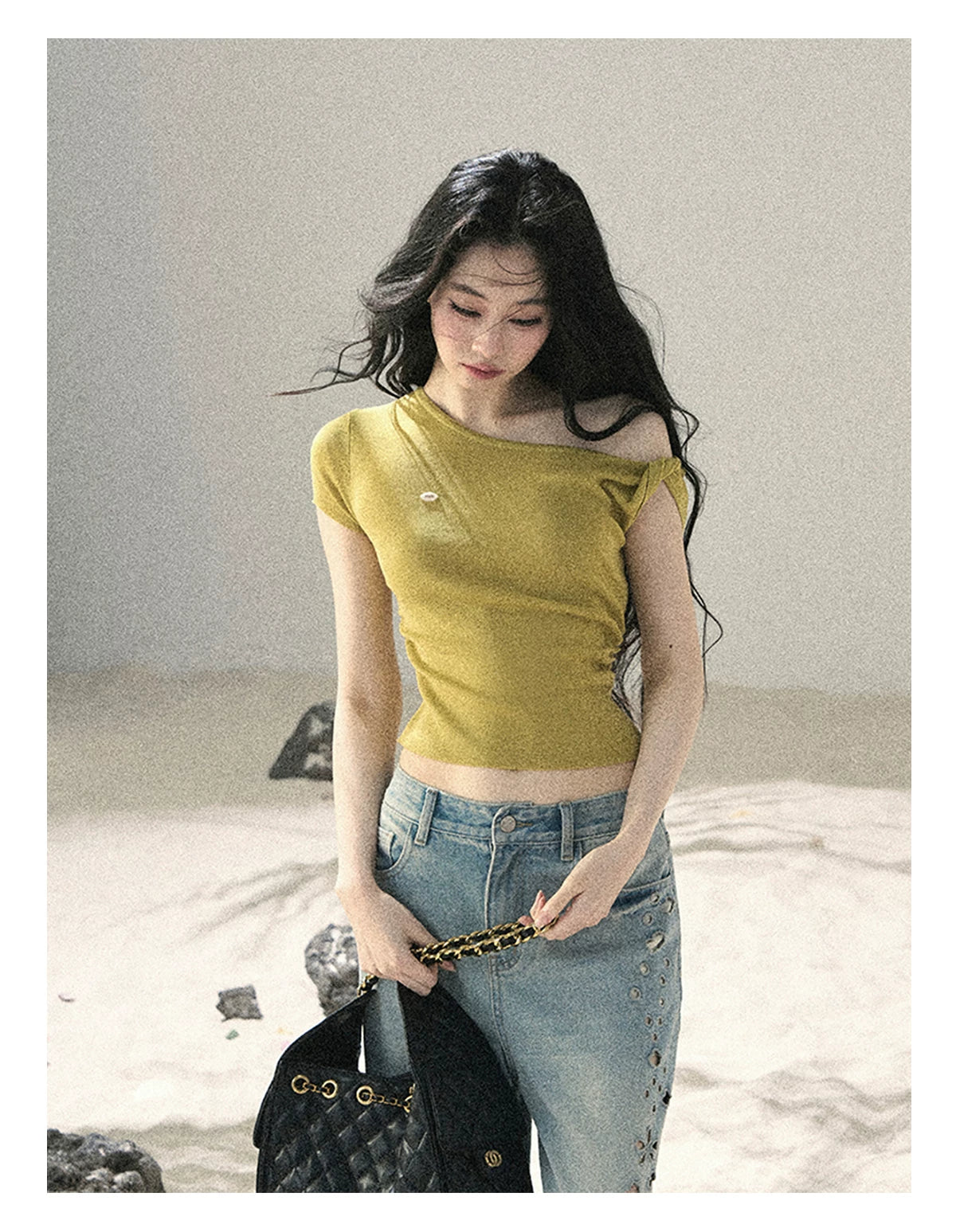 "Shape of the Wind" Forest Green One-Shoulder Twist Crop Top 6556585