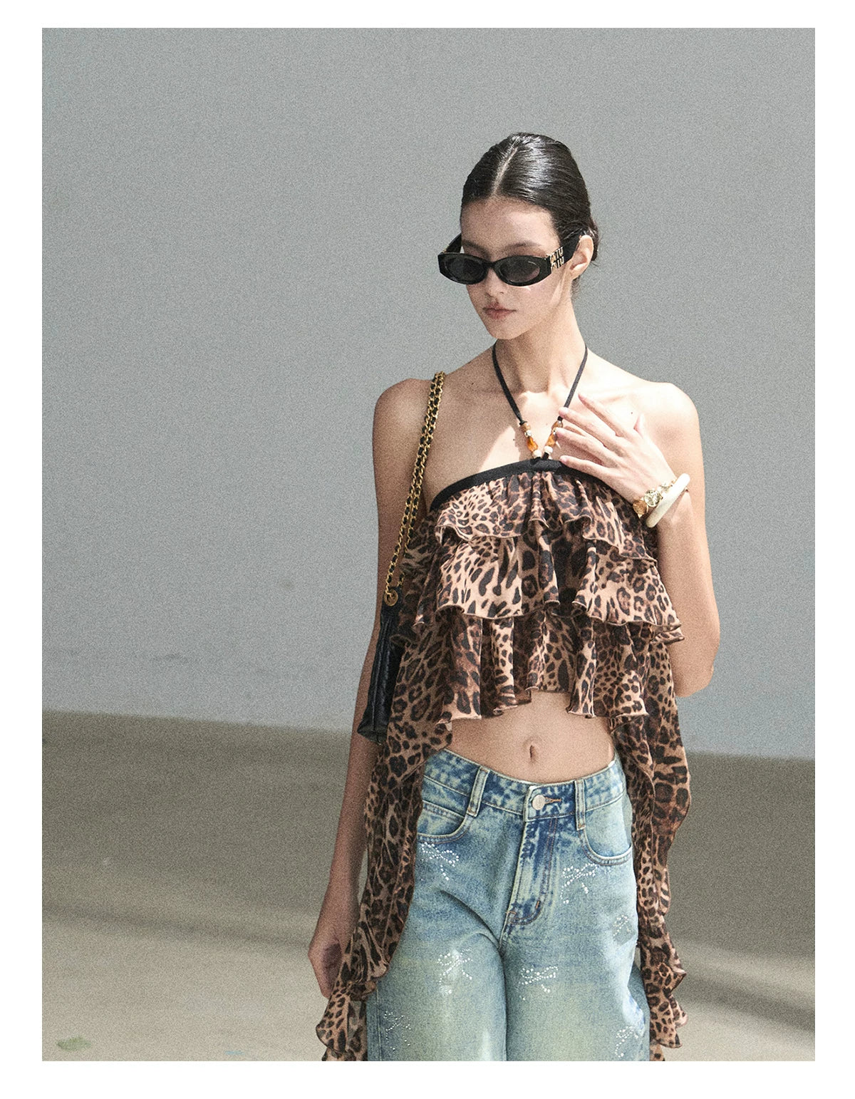 "Chasing the Sunset" Chestnut Brown Leopard Halter Ruffle Crop Top