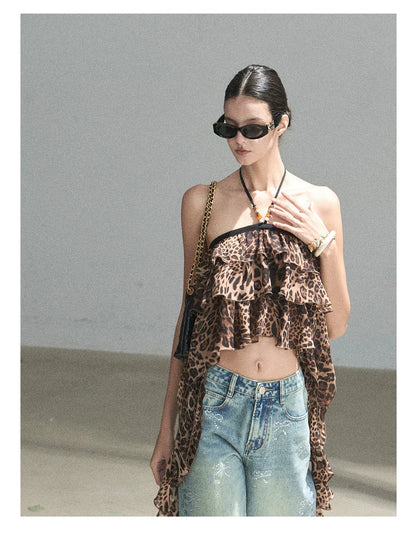 "Chasing the Sunset" Chestnut Brown Leopard Halter Ruffle Crop Top