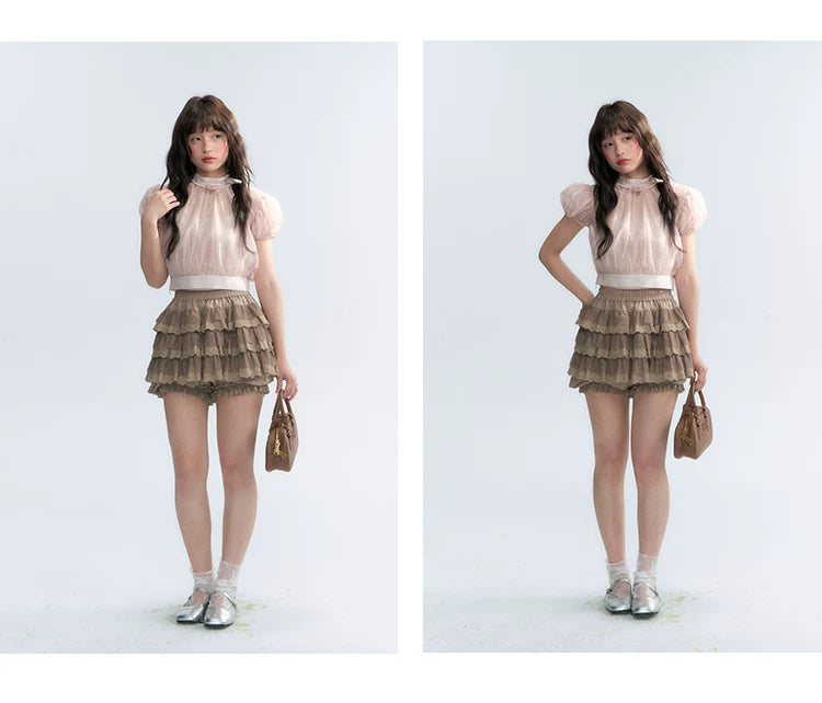Vintage Stand Collar Bow Puff Sleeve Waist-Cinching Blouse with Knit Cami Set