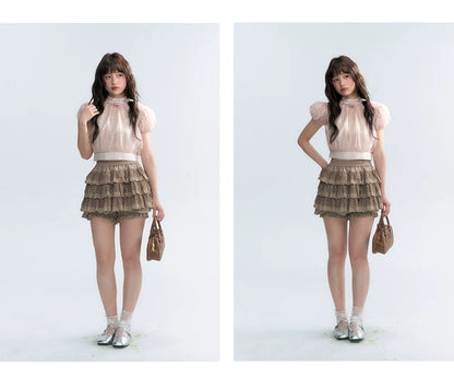 Vintage Stand Collar Bow Puff Sleeve Waist-Cinching Blouse with Knit Cami Set