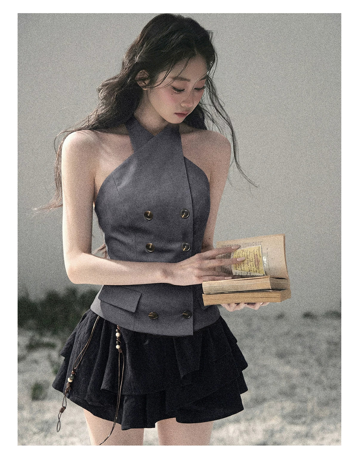 "The Unsent Letter" Deep Slate Gray Halter Tailored Top