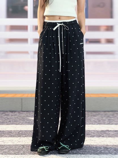 "Coastal Departure" Navy Polka Dot Wide-Leg Pants