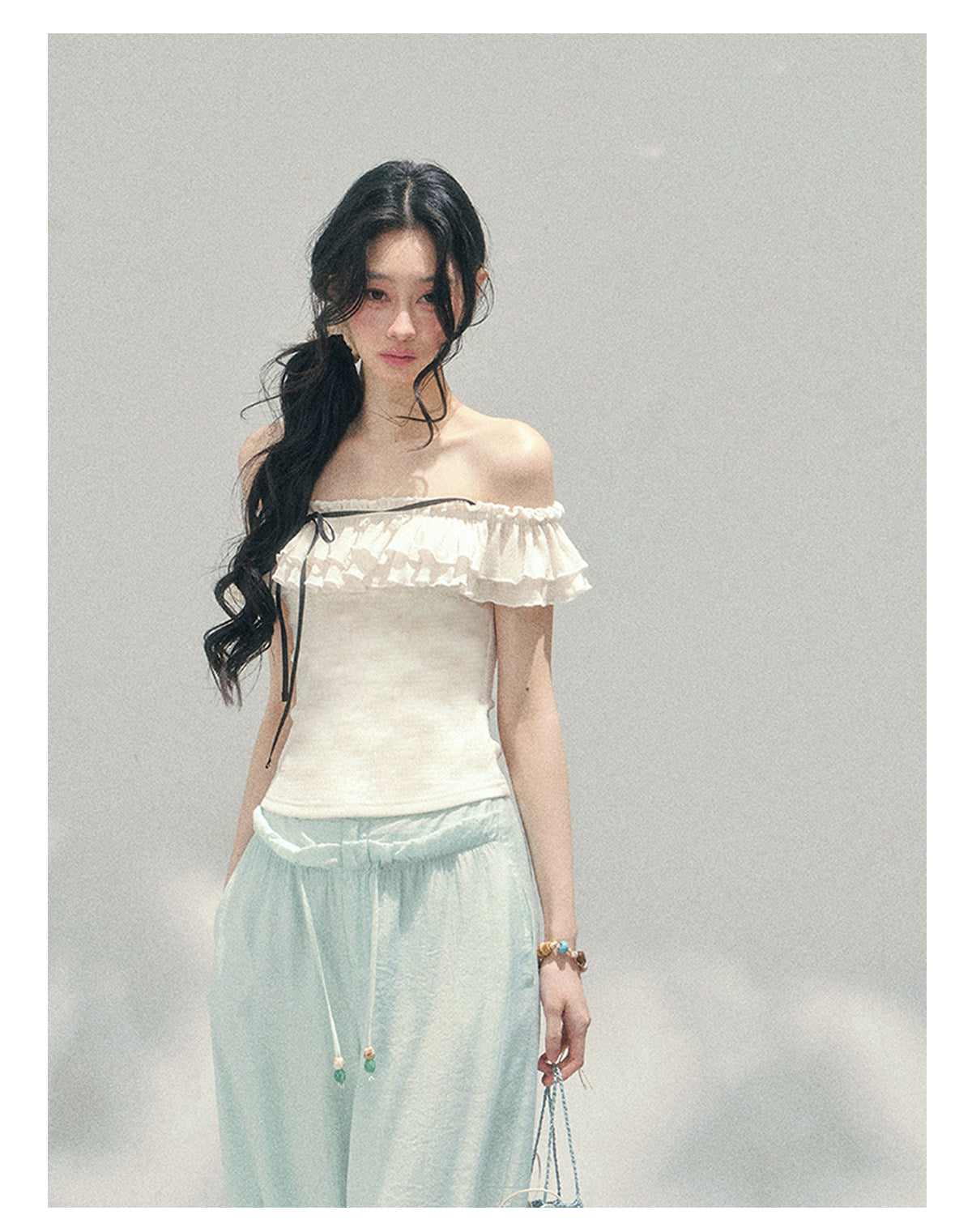 “White Pearlight” Ivory Off-Shoulder Ruffle Tee