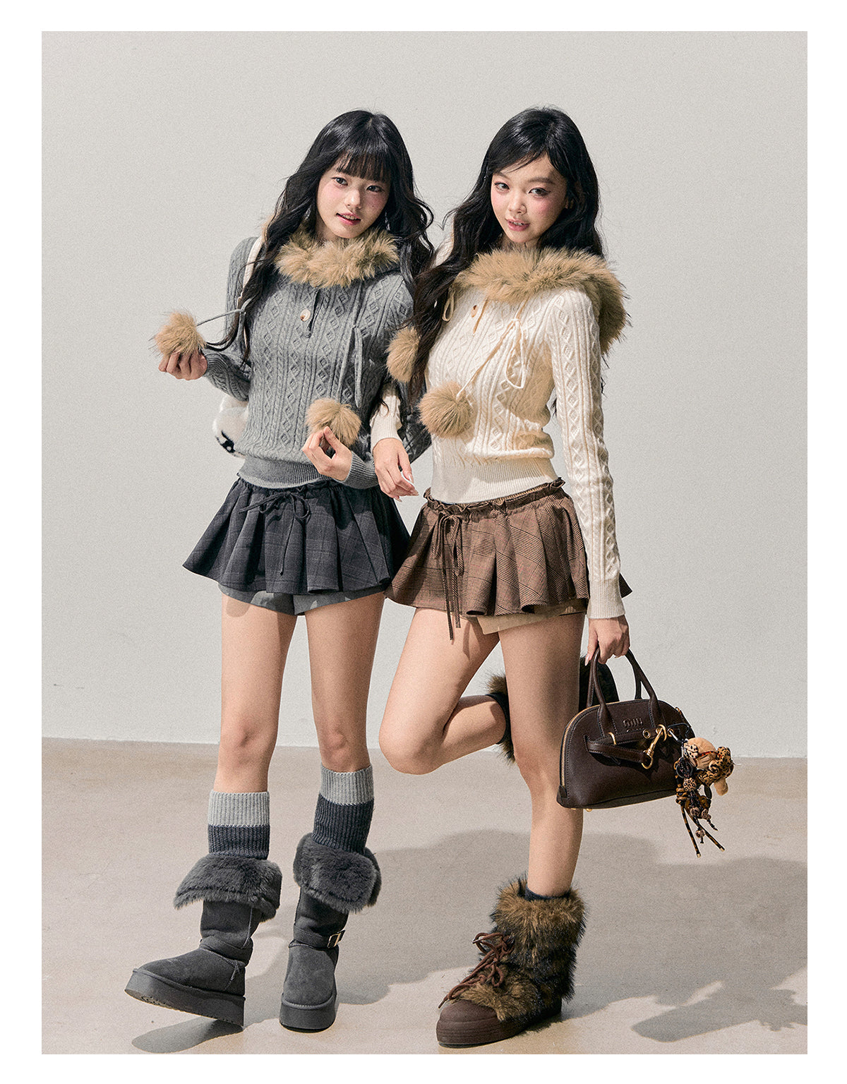 少也眼 “Traces of Melting Snow” Korean-Style Plush Hooded Cable Knit Sweater