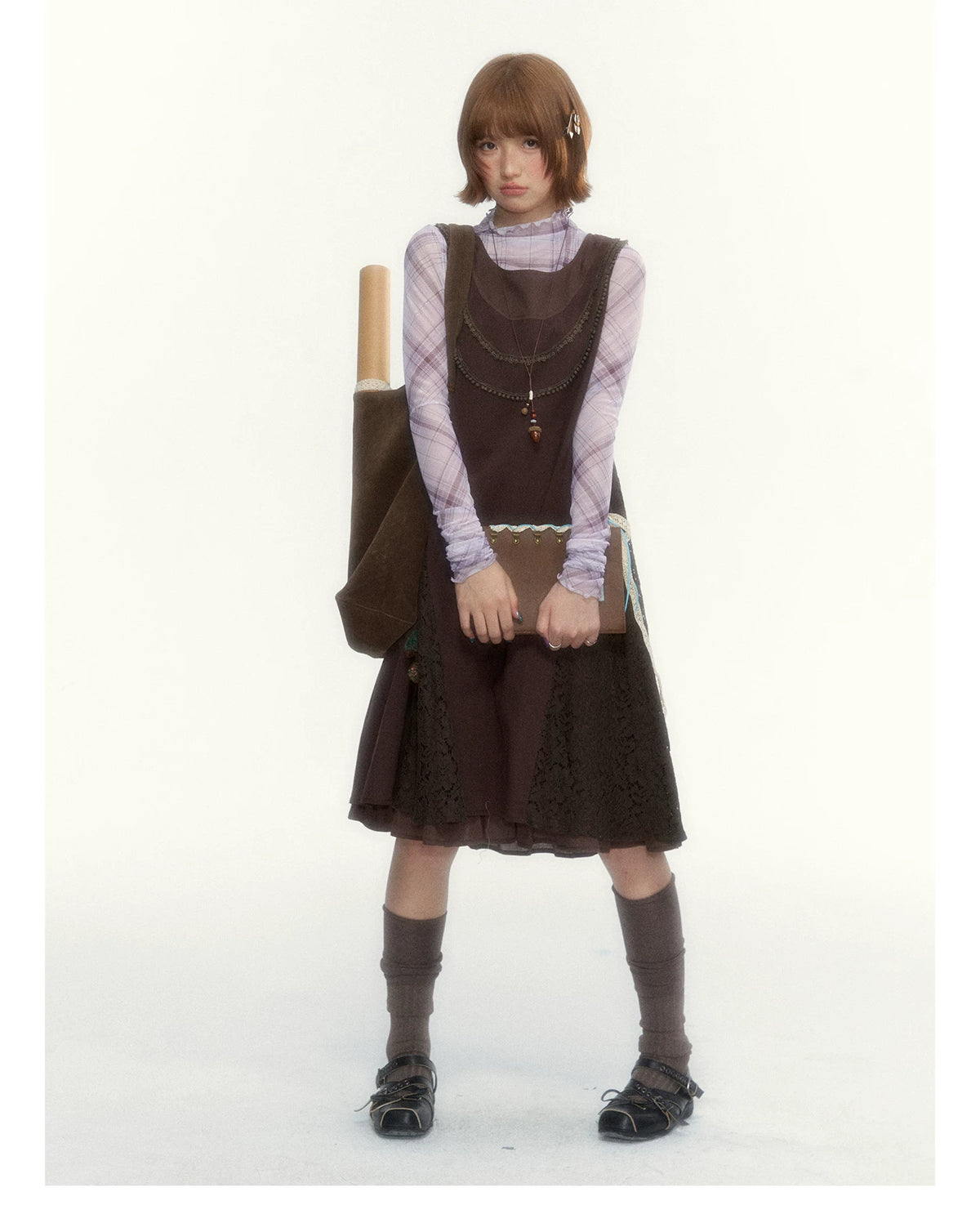 "Caramel Afterglow" Cocoa Brown Lace-Trim A-Line Dress Set with Purple Plaid Layering Top