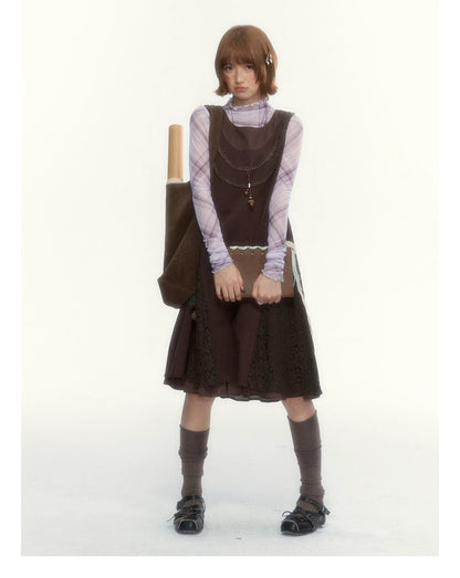 "Caramel Afterglow" Cocoa Brown Lace-Trim A-Line Dress Set with Purple Plaid Layering Top