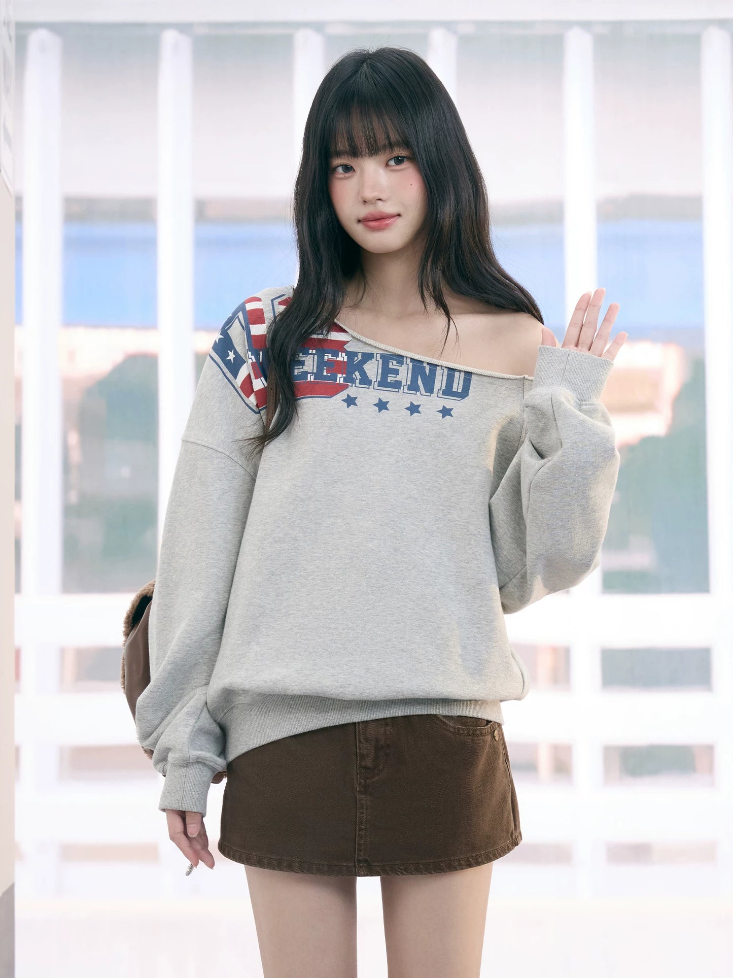 "Heritage Flight" Gray Off-Shoulder Sweatshirt