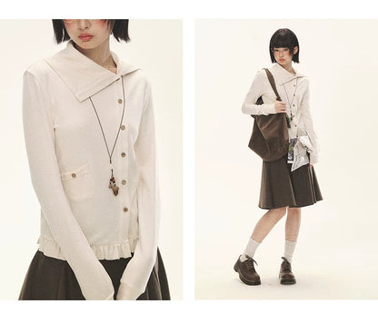 "Cotton Ruffle" Tea Apricot Asymmetric Knit Cardigan
