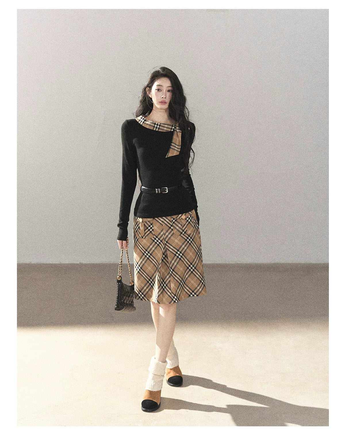 AOMALM - Black Knit Top & Light Smoky Brown Plaid Skirt Set with Belt