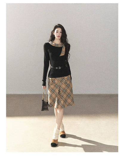 AOMALM - Black Knit Top & Light Smoky Brown Plaid Skirt Set with Belt