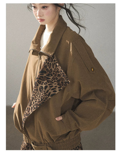 AOMALM - “Acorn & Fallen Leaves” Korean Leopard Print Chestnut Brown Faux Suede Jacket