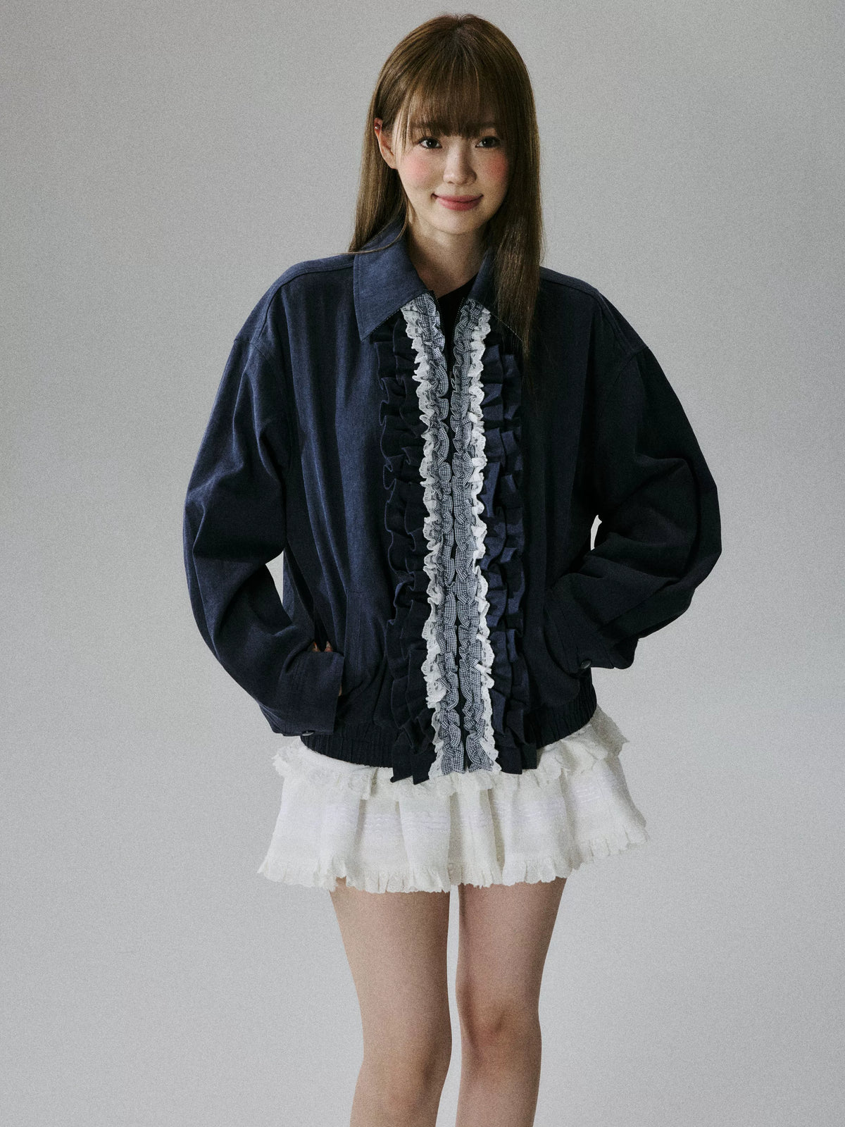 LOST FOREST - Navy Ruffle-Trim Cotton Jacket