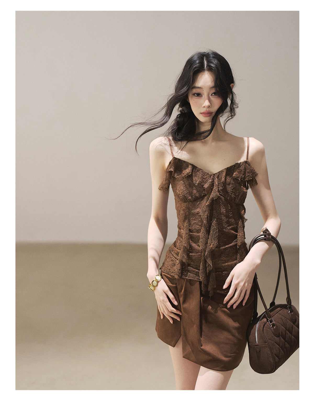 170726 "Sunset Melted Into Lace" Rich Cocoa Lace Ruffle Cami Top