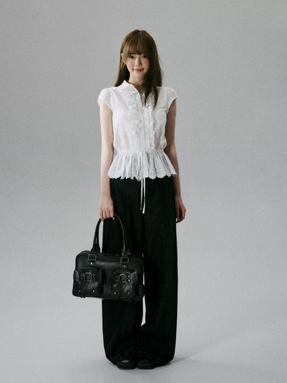 LOST FOREST - White Embroidered Ruffle Sleeve Cotton Blouse