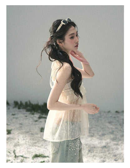 “Shattered Glasslight Veil” Cream Lace Halter Twinset Top