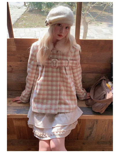 RF - Dusty Pink Plaid Wool-Look Coat with Detachable Fur Collar
