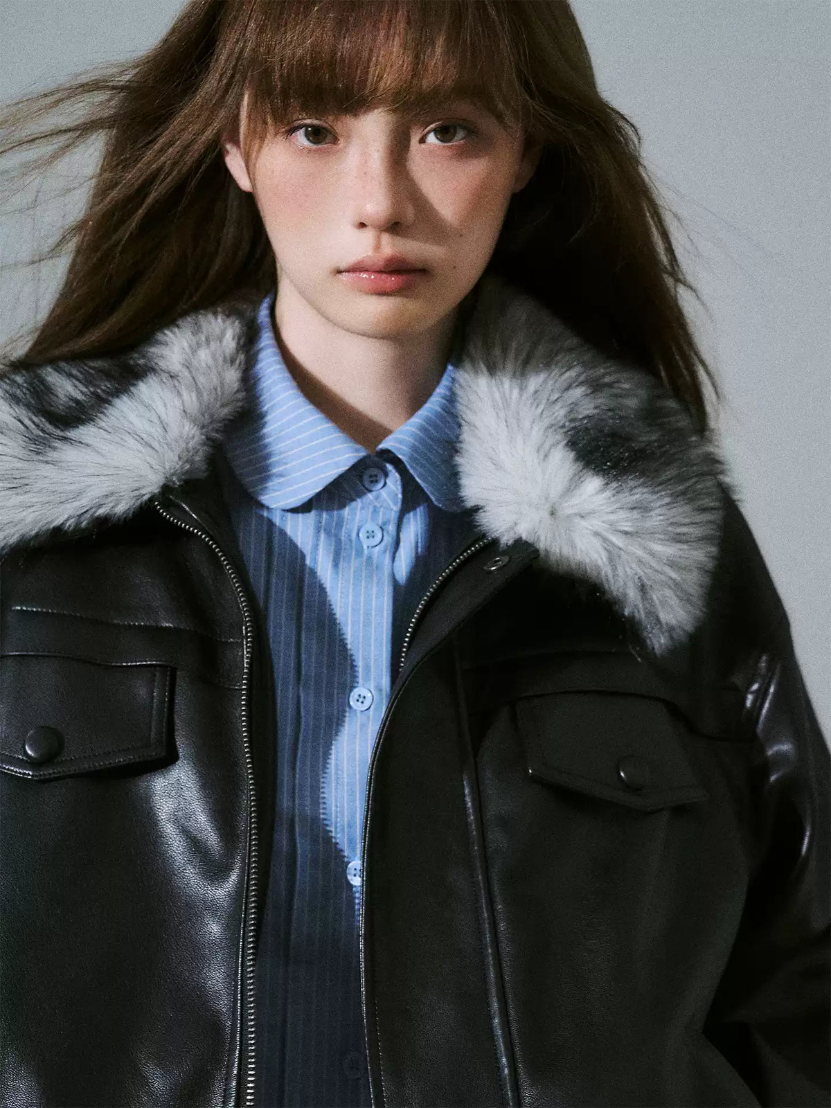 LOST FOREST - Black Faux Leather Moto Jacket with Plaid Wool Collar