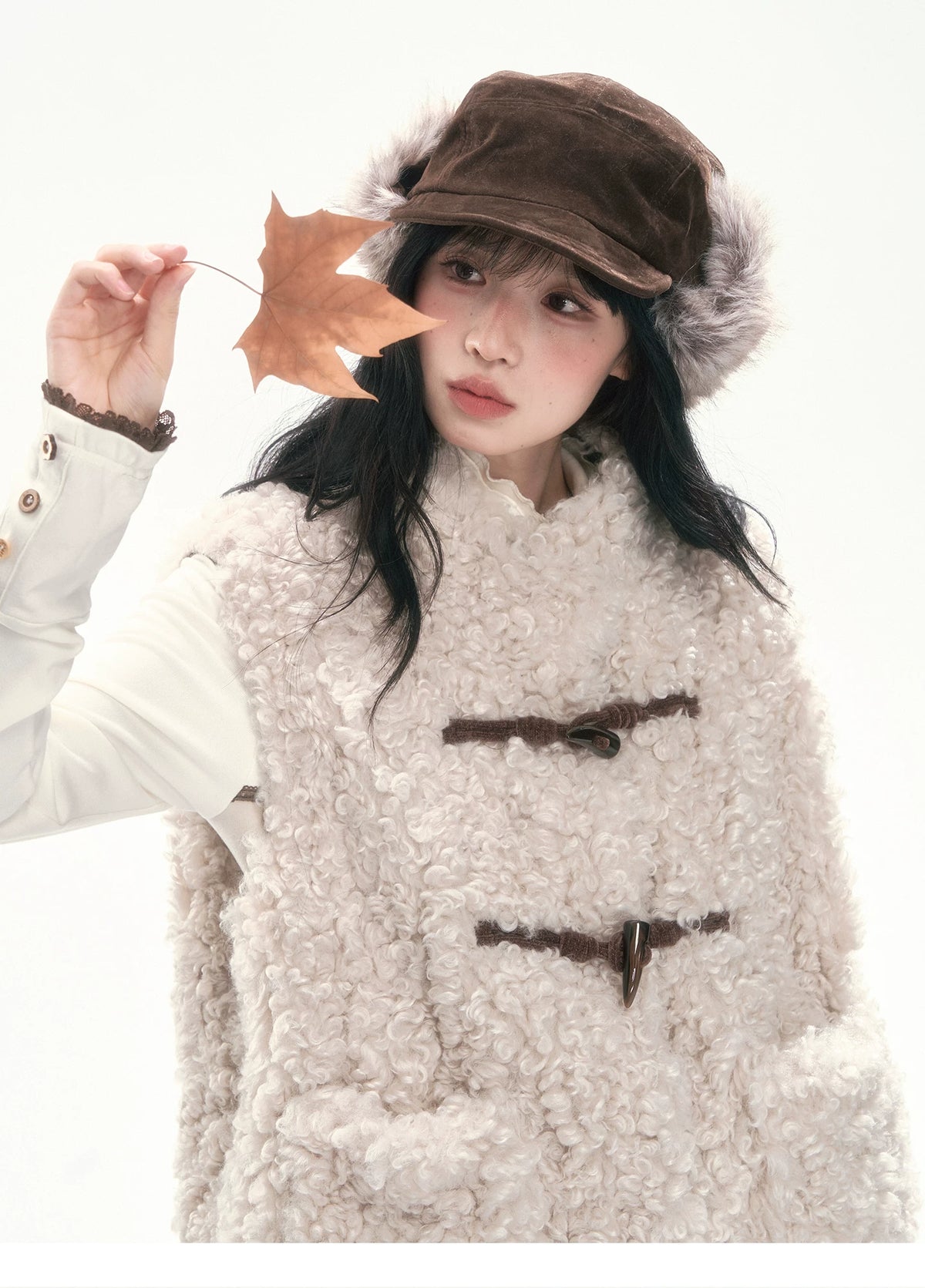 CAN - "The Velvet Alcove" Light Coffee Brown Reversible Plaid Shearling Vest