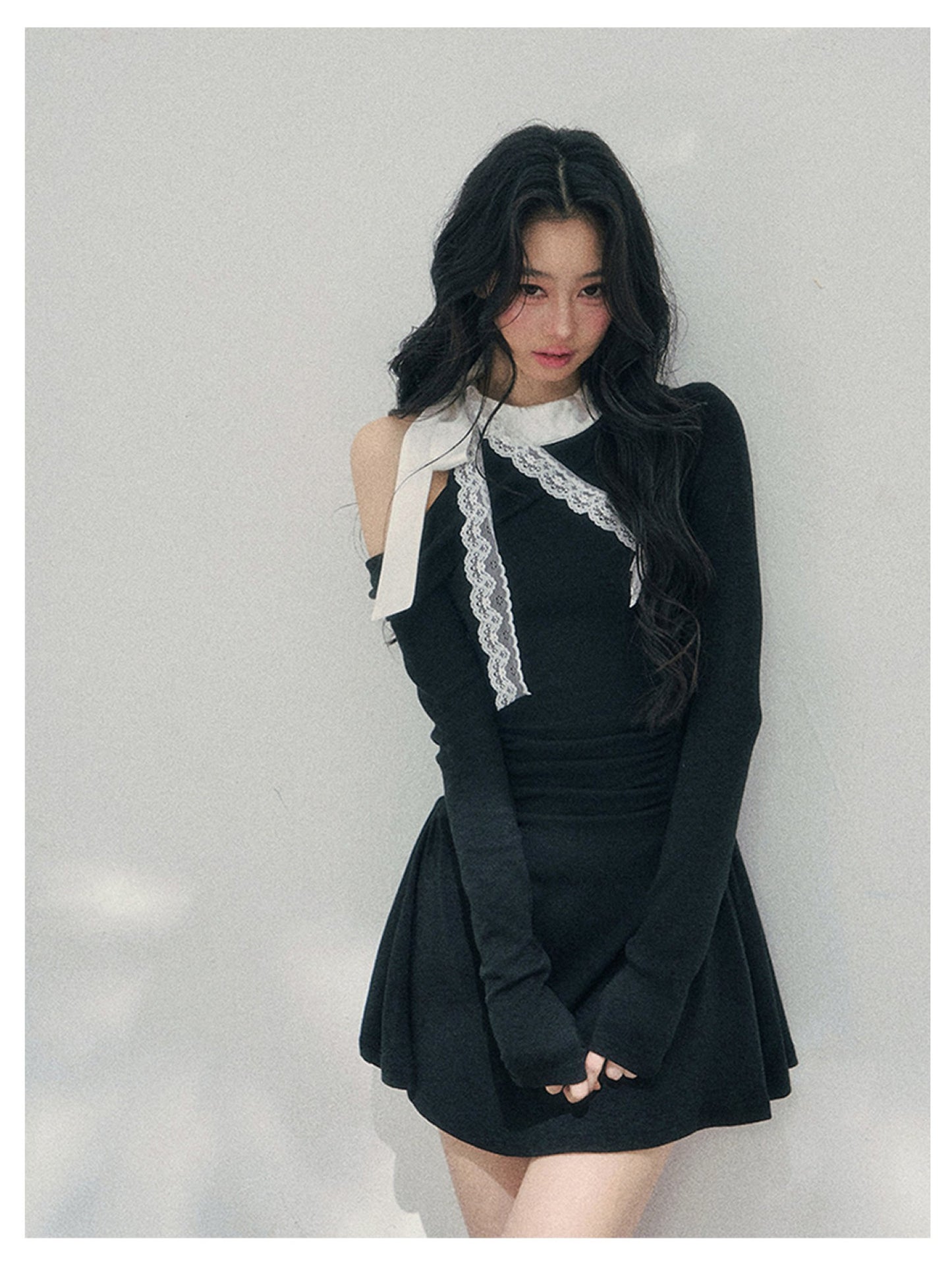 少也眼 “Lingering Warmth Entwined” Layered French Lace One-Shoulder Mini Dress - Serene Black 5435553