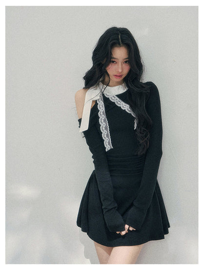 少也眼 “Lingering Warmth Entwined” Layered French Lace One-Shoulder Mini Dress - Serene Black 5435553