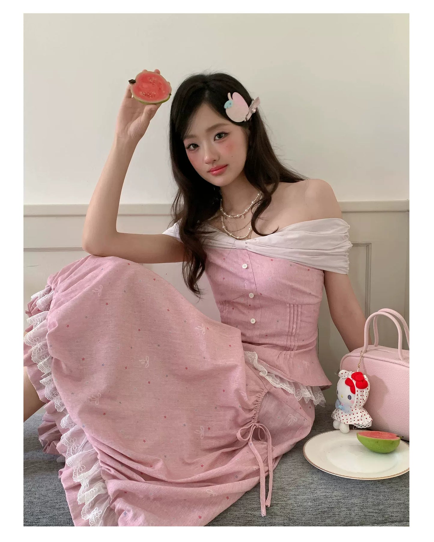 “Peach Mist Starlit Meadow” Pink Off-Shoulder Skirt Set